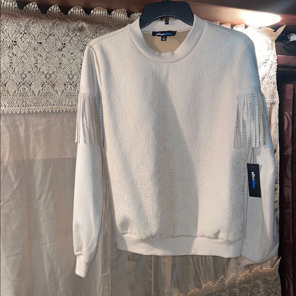 Alice Blue OPAL Ecru Faux Microsuede Lace and Fringe Sweatshirt Size Small